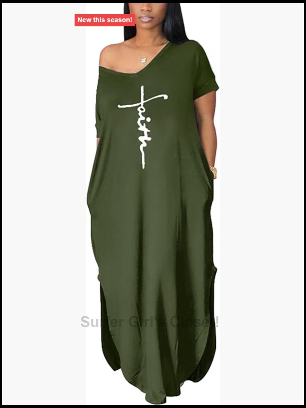 V-Neck Loose Side Split Maxi Dress with Pockets Flowy Summer Casual
